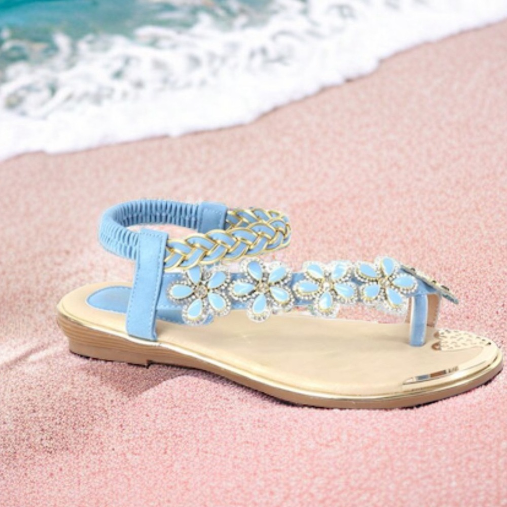 New Color! Italina Blue Floral Rhinestone Embellished Toe Ring Sandal - Picture 12 of 12
